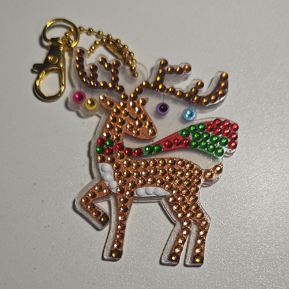 Festive Reindeer Keychain with Gold and Red Accents Diamond Art Style